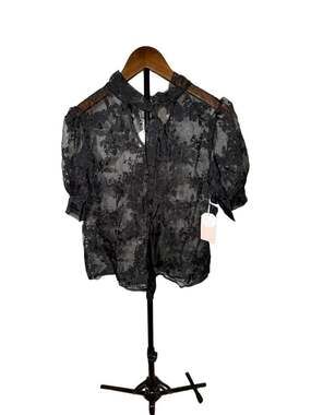 Blashé Black Sheer Floral Lace Puff Sleeve High Neck Tie-Back Blouse